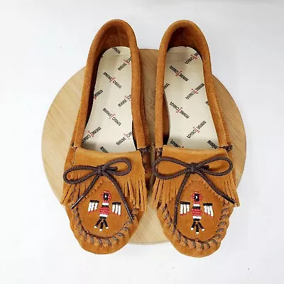 Minnetonka Thunderbird Womens 9 Moccasin Shoe Fringe Beaded Softsole Minimalist • $28.95