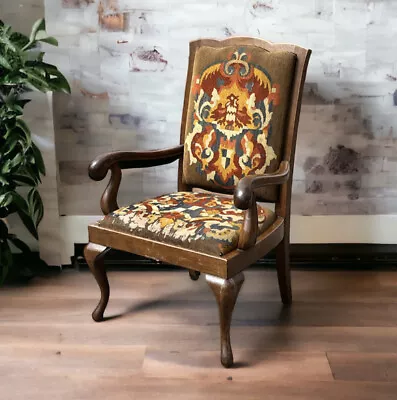 Victorian Oak Gentlemans Library Armchair With Coat Of Arms Tapestry. • £795