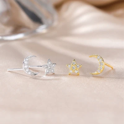 $9.95 • Buy 925 Sterling Silver Gold Moon Star Asymmetric CZ Stud Earrings Gift Box PE53