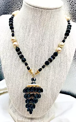 Vintage Unsigned Faux Pearl Black Crystal Gold  Tone  Tassel Necklace 19   • $55