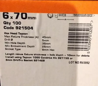  Spit Concrete Fixing Tapcon M6 Hex Head  Medium Load Screws 6 X 70mm • £23