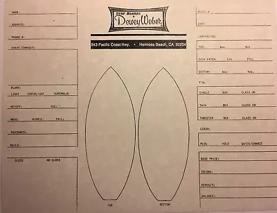 Dewey Weber Surfboards“Order Form”1960-90 Hermosa Surf(jacobsvelzybearbing • $9