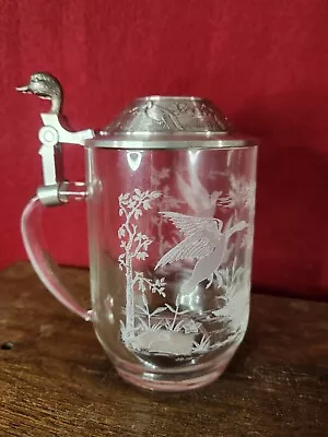 Vintage Etched Glass Beer Stein Mug W/ Pewter Lid - Mallard Duck In Flight • $24.99