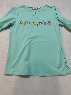 Quacker Factory Women's Blouse Size Small Green Sea Horse Coral Starfish SeaLife • $15