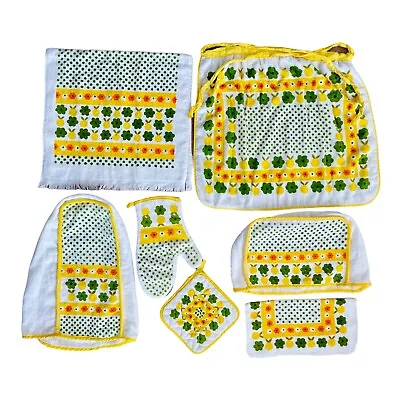 VTG 60s 70s Kitchen Set Towel Apron Cover Dot Lemon Daisy Yellow Green Orange • $50