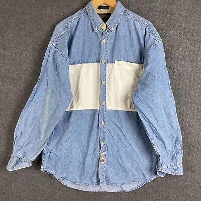 Authentic GFC Shirt Mens Extra Large Blue Denim Button Up Vintage Colourblock • $25.80