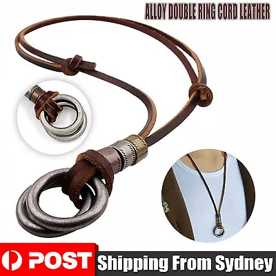 Men Women's Alloy Double Ring Cord Leather Pendant Necklace Adjustable Necklace • $6.98