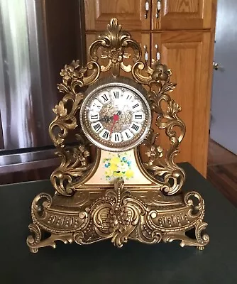 Vintage Italian Ornate Gold Mantle Clock W/Floral Decoration 17  Tall. Mid Cent • $220.50