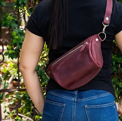 Unisex Handmade Leather Fanny Pack Waist Bag Maroon Zippered Bumbag • $152