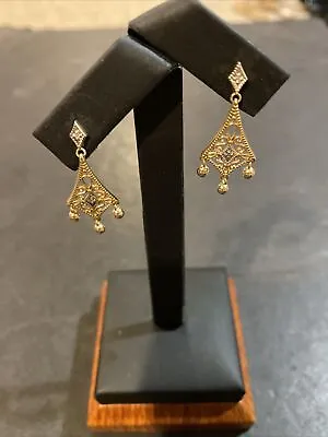 Vintage 14k Gold Filigree Diamond Dangle Earrings • $185