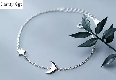 DAINTY Women Girl 925 Sterling Silver Moon And Star Hand Bracelet 6.5-7.7  • $16.25