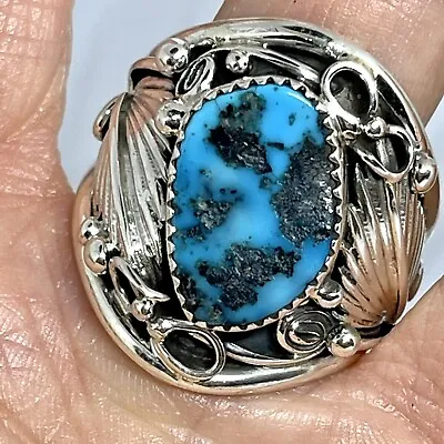 Navajo Natural Nugget Turquoise Mens Ring Sz 14 Leaf Feather Signed Sterling • $174.95