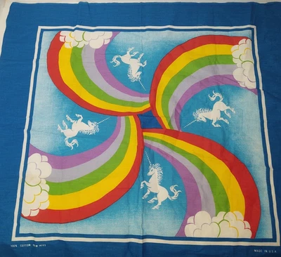 $14 • Buy Vintage LGBTQ Bandana Blue Rainbow Unicorn USA Made 1980's