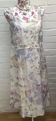 Libra Dress Size 14 Linen Blend White Purple Floral Wedding Party Races • £24.99