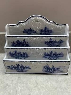 Antique Dutch Delft Makkum Hand Painted Blue White Letter Holder Windmills • $149.99