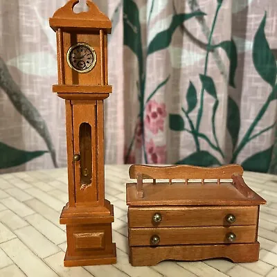 Vintage Handmade Wooden Miniature Dollhouse Furniture GRANDFATHER CLOCK & DESK • $15
