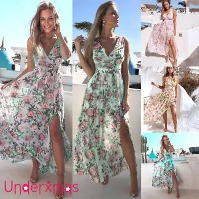 Womens Floral Long Maxi Dress Ladies V-Neck Boho Summer Beach Holiday Sundress • £14.29