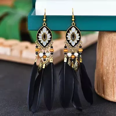 Fashion Women Bohemian Earrings Oval Glazed Flowers Feather Beads Tassel 1493 • $5.99