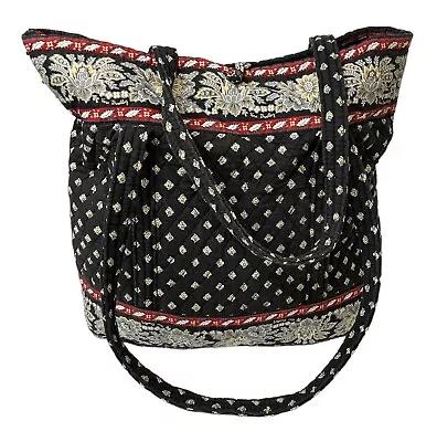 Vintage Vera Bradley Classic Black Floral Quilted Purse Shoulder Tote Bag • $28.99