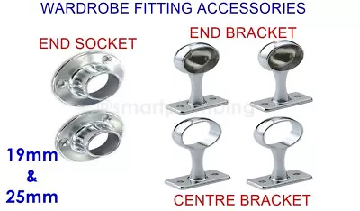 Chrome Rail Wardrobe Fitting Tube Hanging Bracket Centre End Brackets 19mm 25mm  • £2.99