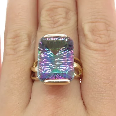 925 Sterling Silver Gold Plated Real Mystic Topaz Gemstone Ring Size 6.75 • $67.99