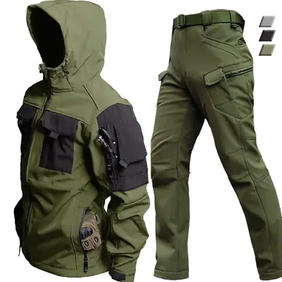 Soft Shell Military Suit Men Tactical 2 Pcs Set Hooded Jacket Multi-pockets • $51.77