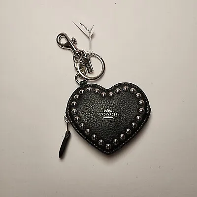 NWT Coach CM311 Heart Pouch In Black Leather With Rivets Bag Charm • $133.20