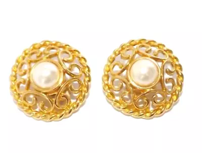 Vintage BIG Pearl Gold Tone Scroll Rope Statement Clip On Earrings • $22.99