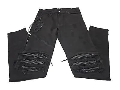 AMIRI Black Jeans Sz 36 X 35 Leather Knee Patch Moto Skinny Stretch EUC Mens  • $320