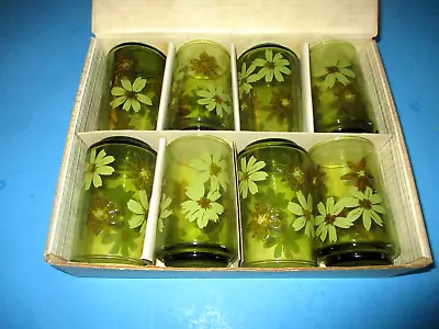 Set Of 8 Foliage Juice Glasses Vintage W/original Box Floral Design Green Glass • $24.50