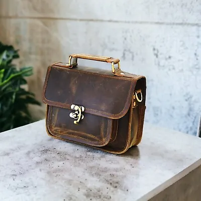 Women's Real Vintage Leather Top Handle Antique Lock Classic Small Crossbody Bag • $46.57