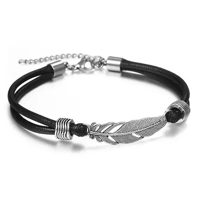 Leather Rope Anklet Men Women Foot Bracelet Feather Leaf Charm Handmade Chain • £5.83