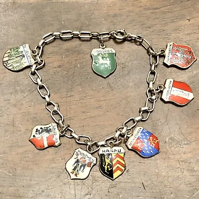 Vintage 835 CHARM BRACELET W/ 8 TRAVEL SHIELDS Germany 800 Silver • $49.99