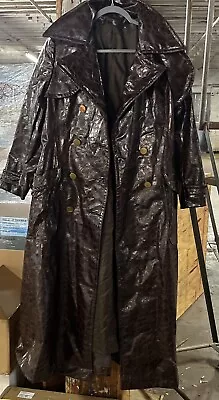 VTG Bonwit Teller Aquanala Faux Leather Croc Vinyl Trench Coat Jacket Brown S 10 • $75