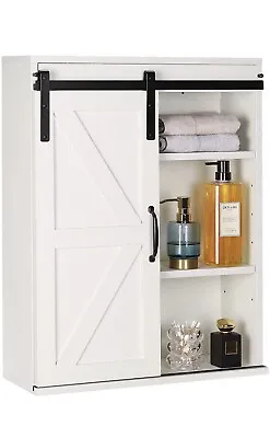 Rustown Farmhouse Wood Wall Storage Bathroom Cabinet W/ Sliding Barn Door White • £85.48