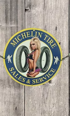 Michelin Tyres Porcelain Pinup Bikini Babe Garage Service Pump Oil Auto Ad Sign. • $130