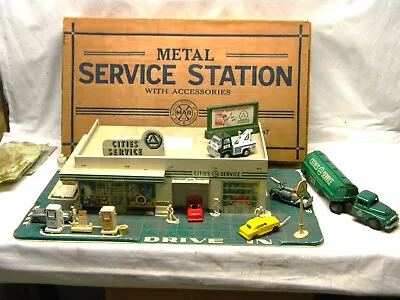Mid 50s MARX Cities Service Tin Litho Gas Station Playset W/Wrecker Oil Truck + • $695