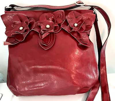 Nicole By Nicole Miller Red Faux Leather Cross Body Shoulder Bag Ruched Flowers • $8.99