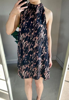 $14.99 • Buy SCANLAN THEODORE Black/orange Printed Silk Shift Dress High Neckline 8