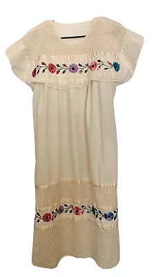 Vintage Boho Mexican Hand Embroidered Floral Dress Peasant Off White Cotton M/L • $115