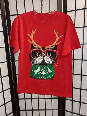 Cat Reindeer Glasses Christmas Tee T Shirt M Funny Xmas Gift Holiday Men Women • $10.99