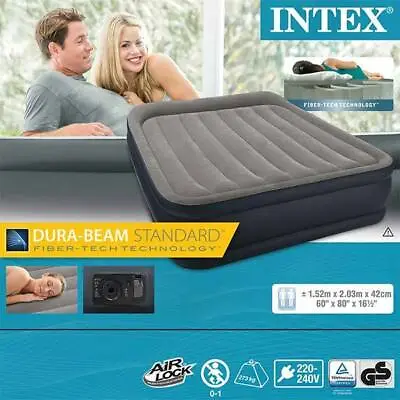 Intex Queen Deluxe Pillow Rest Raised Air Bed With Pump 152 X 203 X 42 Cm • £71.99