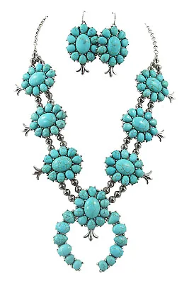 $34.20 • Buy Southwestern Blue Turquoise Squash Blossom Statement Necklace & Earrings 