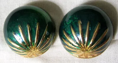 Vintage Signed KENNETH JAY LANE KJL Green Enamel & Gold Tone Domed CLIP EARRINGS • $22.95