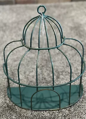 Vintage BIRD CAGE Wall Decor Or Sitting Shelf Metal 11 X 10 Green Turquoise Look • $11.99