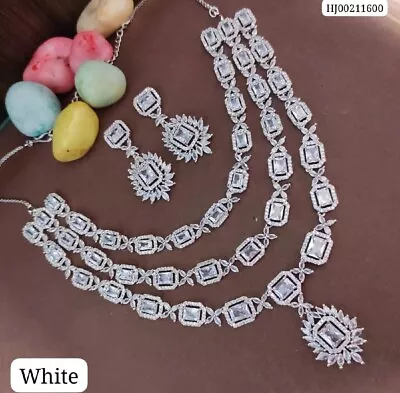Designer Indian Bollywood Silver Plated White CZ Necklace Jhumka Tika Set • $40.04