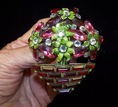 SANDOR Sterling Ruby Red & Pink Topaz Crystal And Enamel Flower Pot Pin/Pendant • $975