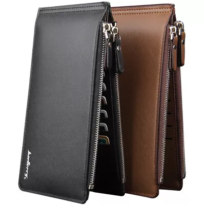 Men's Leather Multi-Card Bifold Wallet Long Bifold Checkbook Wallets Zip Pockets • $9.09