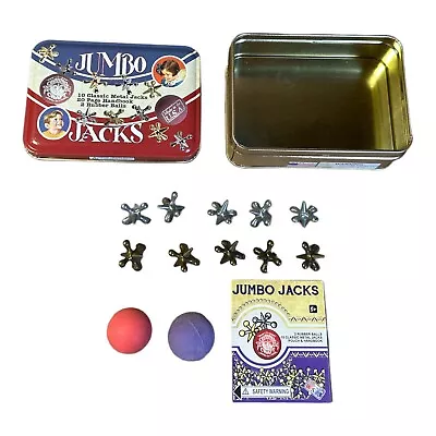 Jumbo Jacks Game Metal Tin 10 Classic Metal Jacks 2 Rubber Balls Handbook • $3.59