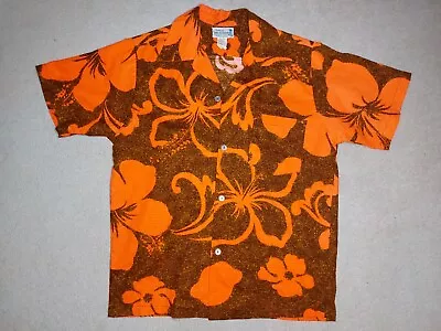Vintage HUKILAU FASHION Honolulu Neon Orange Floral Hawaiian Shirt (Medium) • £29.95